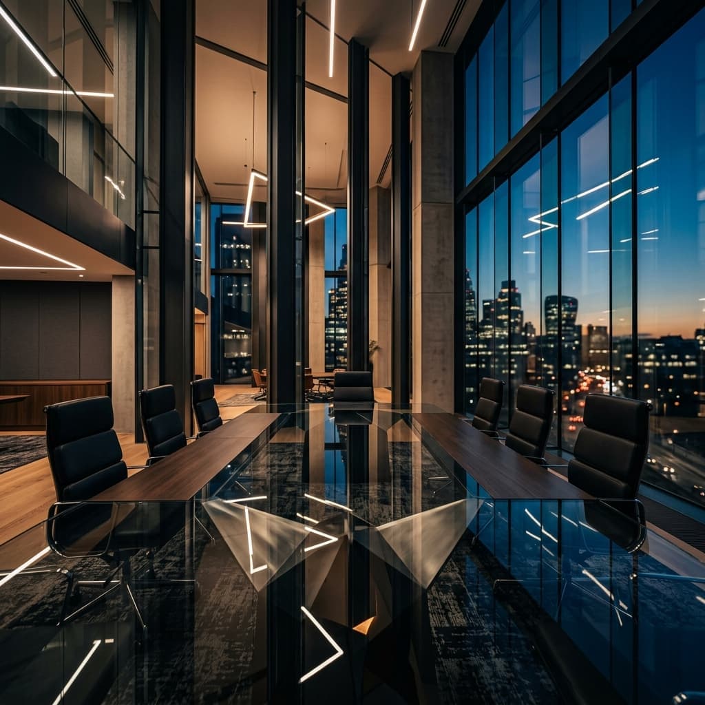 Partners discussing strategy in a premium boardroom setting
